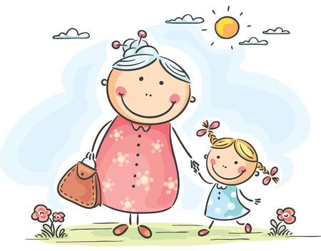 31896415-stock-vector-little-girl-and-her-granny-on-a-walk